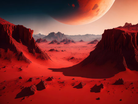 Red surface fantasy planet with mountains and dessert. AI generatedの素材