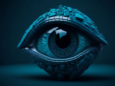 Data technology futuristic eye on blue background. AI generatedの素材