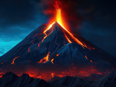 Burning volcano with lava on dark background. AI Generatedの素材