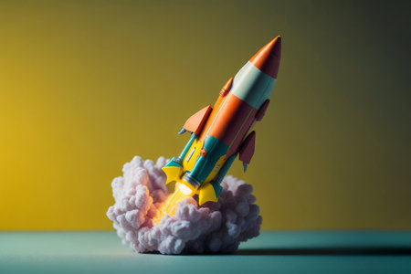 Colorful toy rocket ship starts flying up on a yellow background. AI Generatedの素材