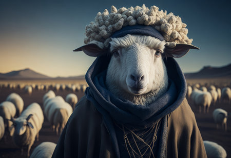 Anthropomorphic sheep in human dress. AI Generatedの素材