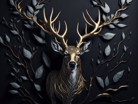 Modern art mural gold and dark wallpaper with deer. AI Generatedの素材