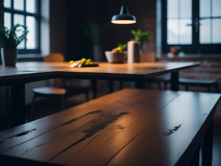 Wooden table top counter island. AI Generatedの素材