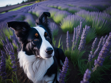 border collie dog at lavender field. AI generatedの素材