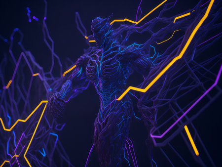 neon hi-tech background. Glowing neon robot. AI Generatedの素材