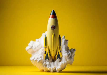 Colorful toy rocket ship starts flying up on a yellow background. AI Generatedの素材