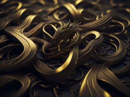 Abstract fantasy background with gold metal curved snake. AI Generatedの素材