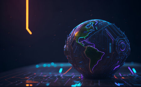 Abstract neon cyber digital earth. AI Generatedの素材