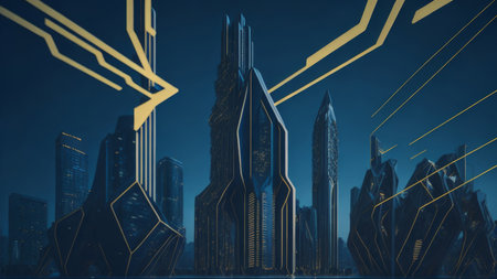 Futuristic city in glass gold and blue colors with blue sky. AI Generatedの素材