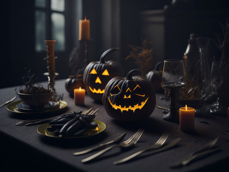 Spooky scary pumpkin on the table, Halloween. AI Generatedの素材