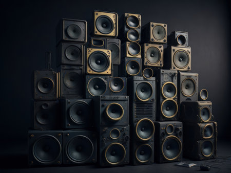 Photo for A large stack of vintage music audio speakers. AI Generated - Royalty Free Image