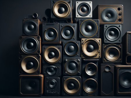 A large stack of vintage music audio speakers. AI Generatedの素材