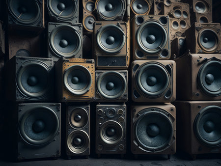 A large stack of vintage music audio speakers. AI Generatedの素材