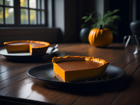 Pumpkin pie on a wooden table. AI generatedの素材