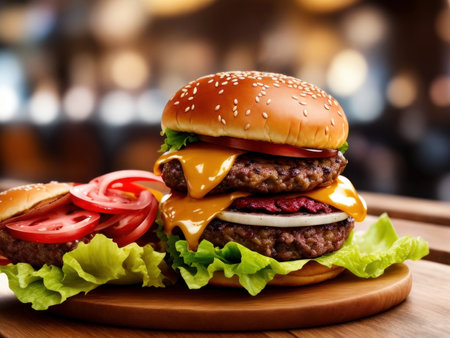 Fresh juicy hamburger on the table. AI generatedの素材