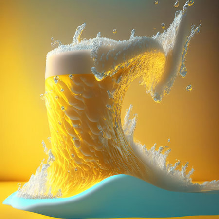 Glass of beer with beautiful foam on yellow background. AI generatedの素材