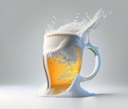 Glass of beer with beautiful foam on white background. AI generatedの素材