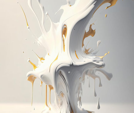 Abstract white painting splash with a little bit yellow and black drops, AI generatedの素材