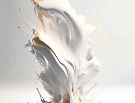 Abstract white painting splash with a little bit yellow and black drops, AI generatedの素材