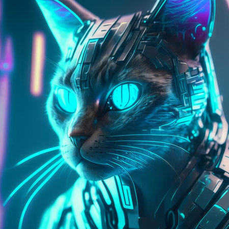 Blue futuristic cat, AI generatedの素材