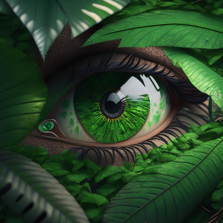 Green eye looking from forest, AI generatedの素材