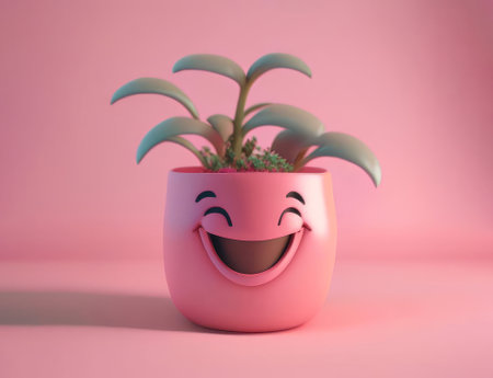 pink cartoon flower pot with green plant, AI generativeの素材