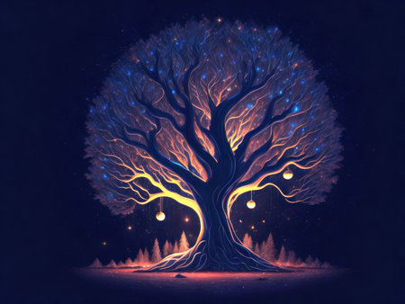 Abstract glowing tree on night background. AI generatedの素材