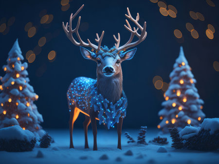 magic festive reindeer covered in glowing garland, AI Generatedの素材