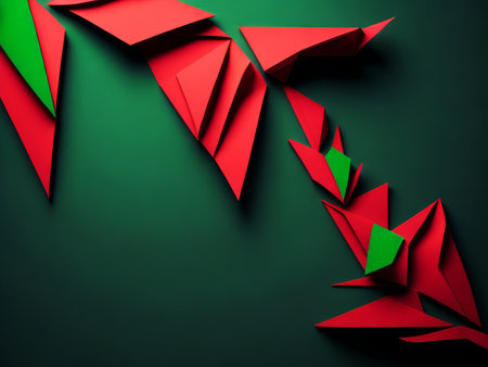 Christmas banner with paper figures origami in green and red colors, AI generatedの素材