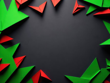 Christmas banner with paper figures origami in green and red colors, AI generatedの素材