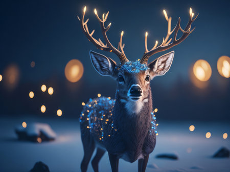magic festive reindeer covered in glowing garland, AI Generatedの素材