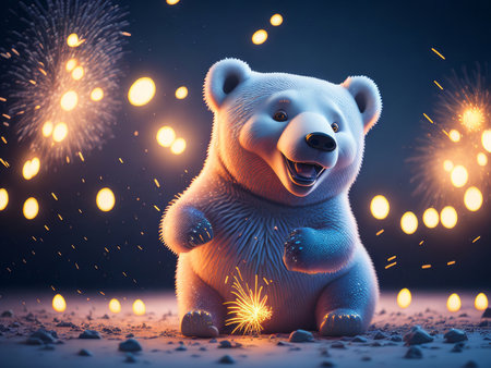 Cute Polar bear at a New Years celebration, AI generatedの素材