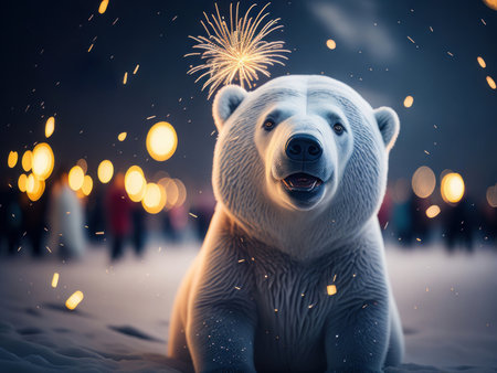 Cute Polar bear at a New Years celebration, AI generatedの素材