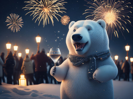 Cute Polar bear at a New Years celebration, AI generatedの素材