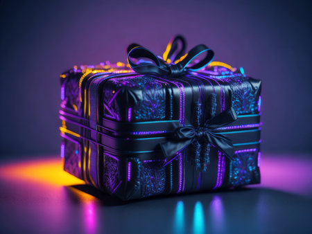 Magic neon light Cyberpunk gift box, AI generatedの素材