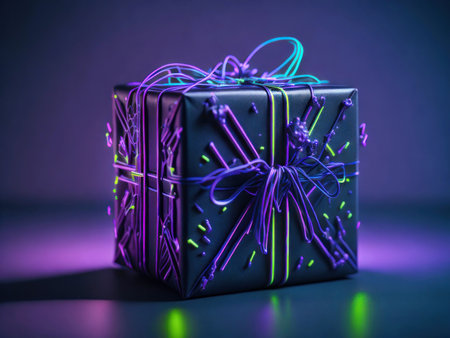 Magic neon light Cyberpunk gift box, AI generatedの素材