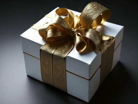 White and Gold gift box golden ribbon luxury, AI generatedの素材
