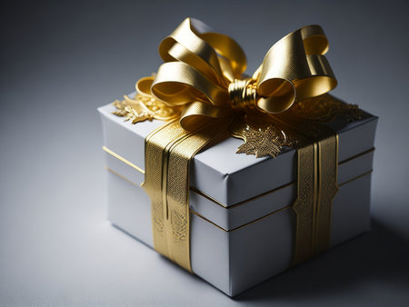 White and Gold gift box golden ribbon luxury, AI generatedの素材