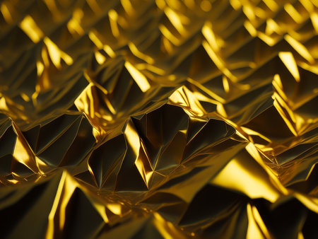 Shiny golden yellow crumpled metallic foil texture, AI Generatedの素材