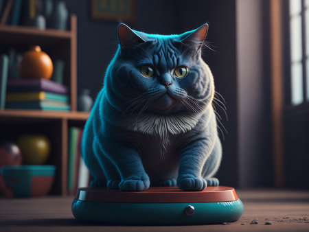 Cute fat cat standing on scales, AI generatedの素材