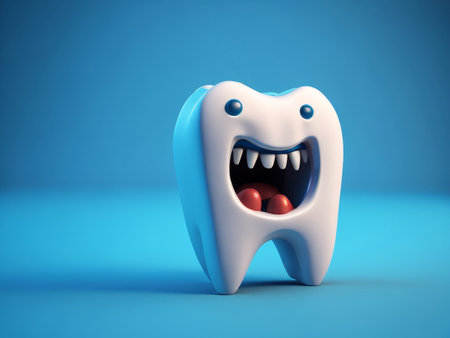 happy cartoon tooth on blue background, AI generatedの素材