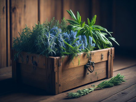 Fresh herbs in rustic wooden box, AI generatedの素材