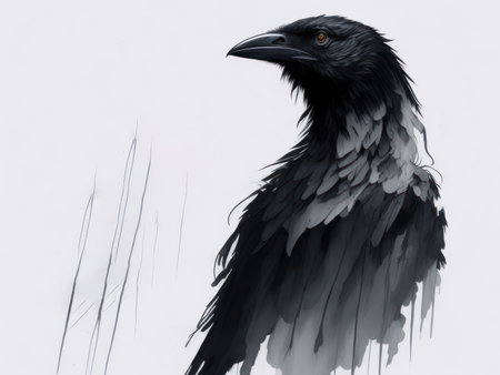 Watercolor Ink drawing of a raven, AI generatedの素材