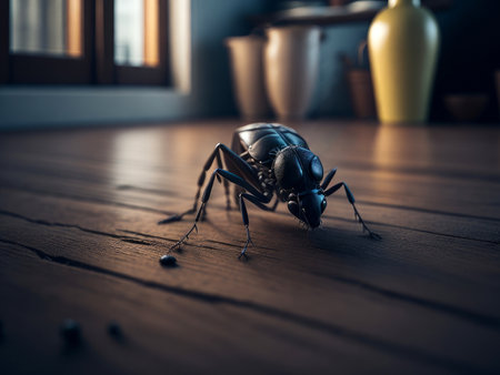 Large black ant on the kitchen floor, AI generatedの素材