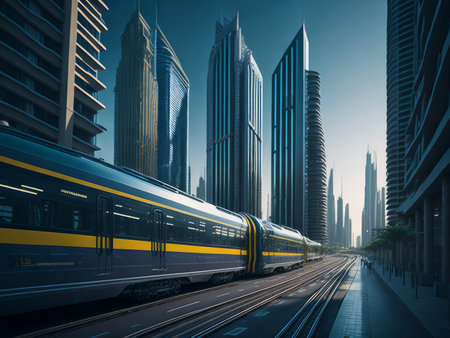 Metro railway among skyscrapers, AI generatedの素材