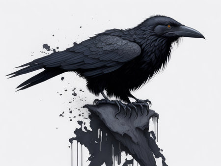 Watercolor Ink drawing of a raven, AI generatedの素材