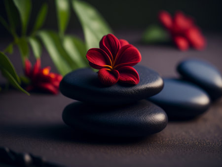 Spa stones lying on each other with white flowers, AI generatedの素材