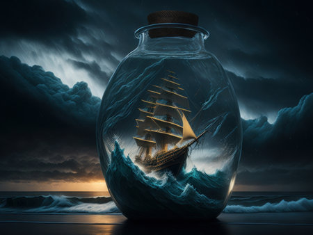 view of turbulent swells of the ocean with ship in the bottle, AI generativeの素材