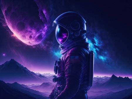 Sky like nebula night with an astronaut, AI generatedの素材