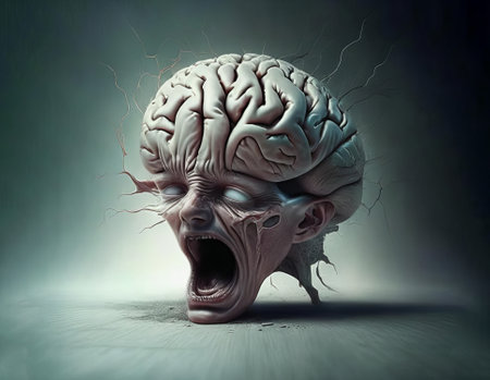 Head with brain is screaming, mental disease and stress concept, AI generatedの素材